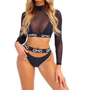 Women letter print mesh long-sleeve bikini three piece sets black color